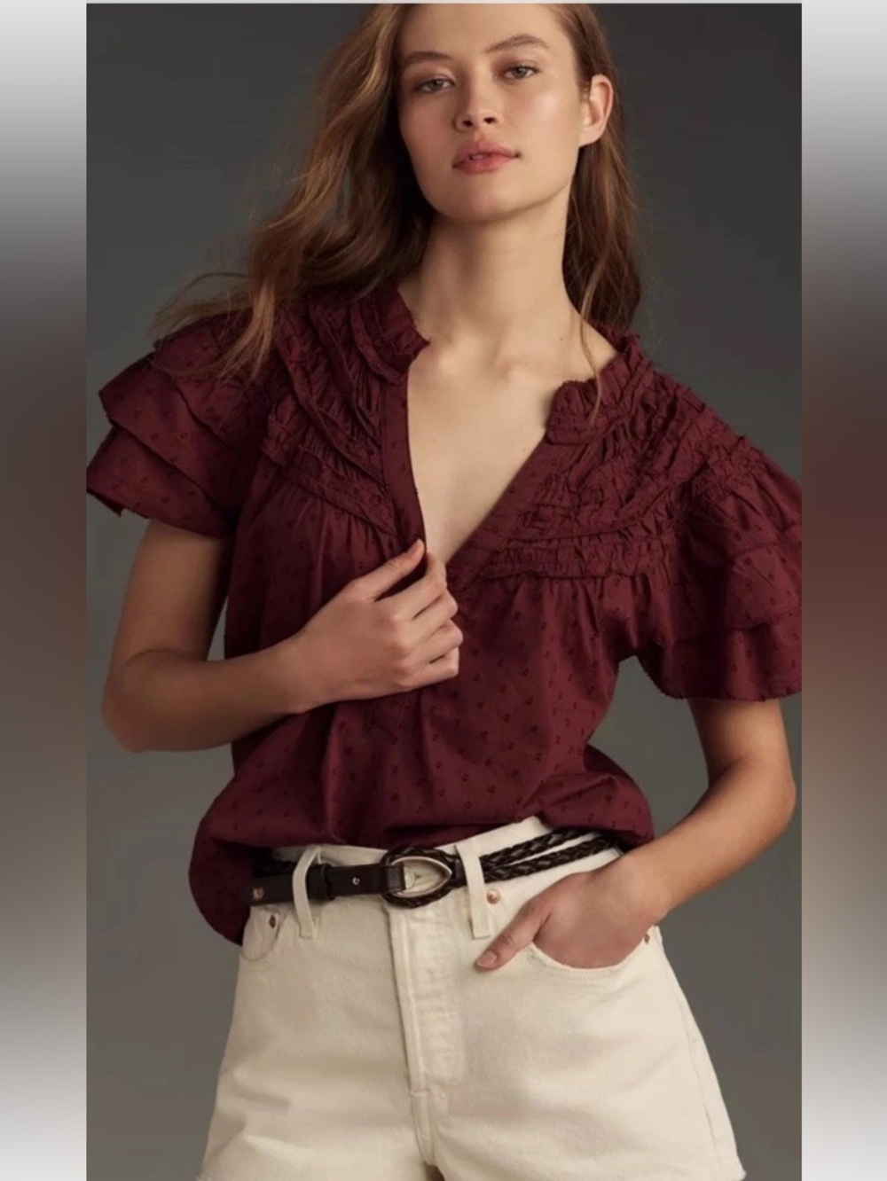 Anthropologie Top Women’s XS Layered-Sleeve Henley Blouse Embroidered Ruffle